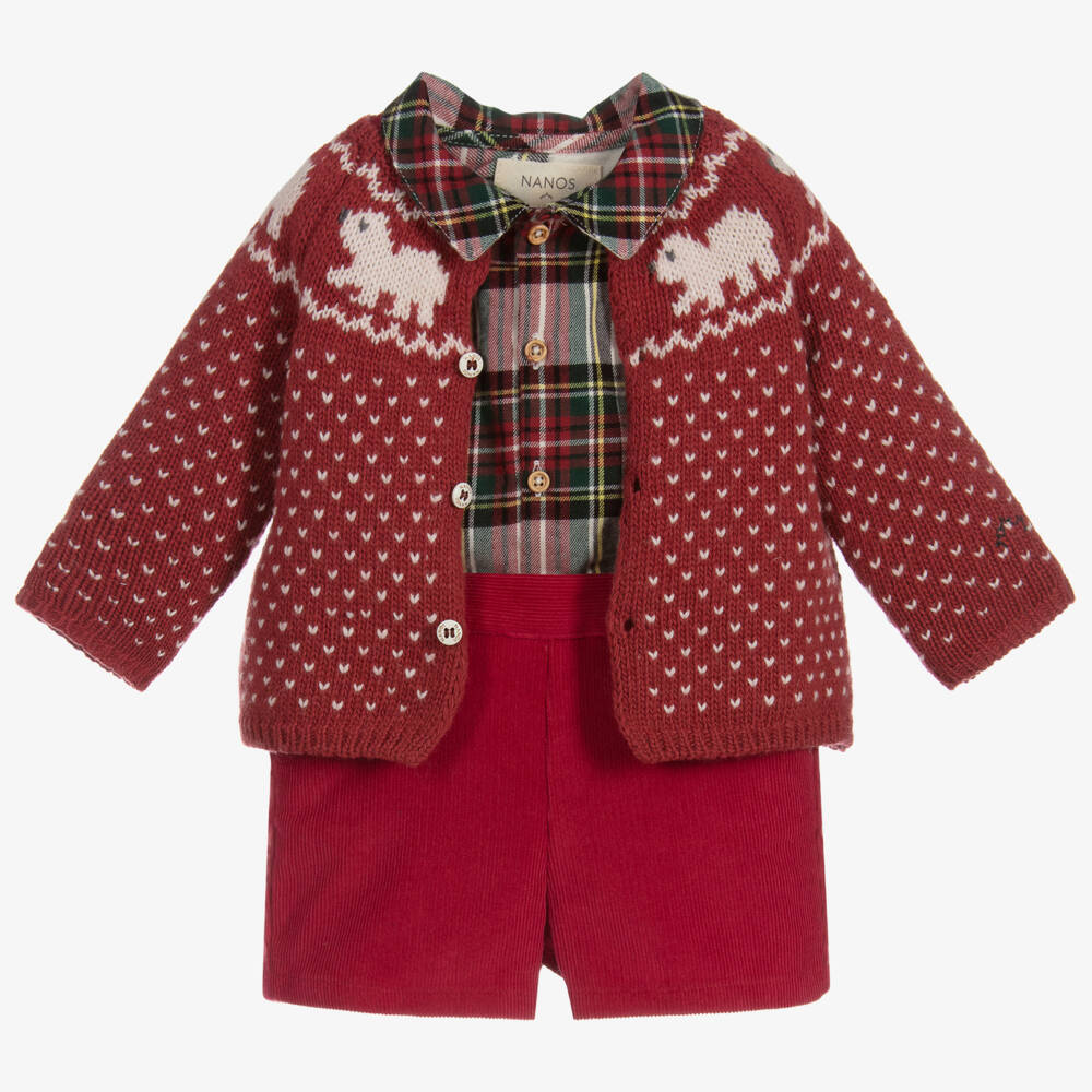Nanos-طقم شورت كوردروي وقميص قطن لون أحمر وعاجي - 3 قطع | Childrensalon Outlet