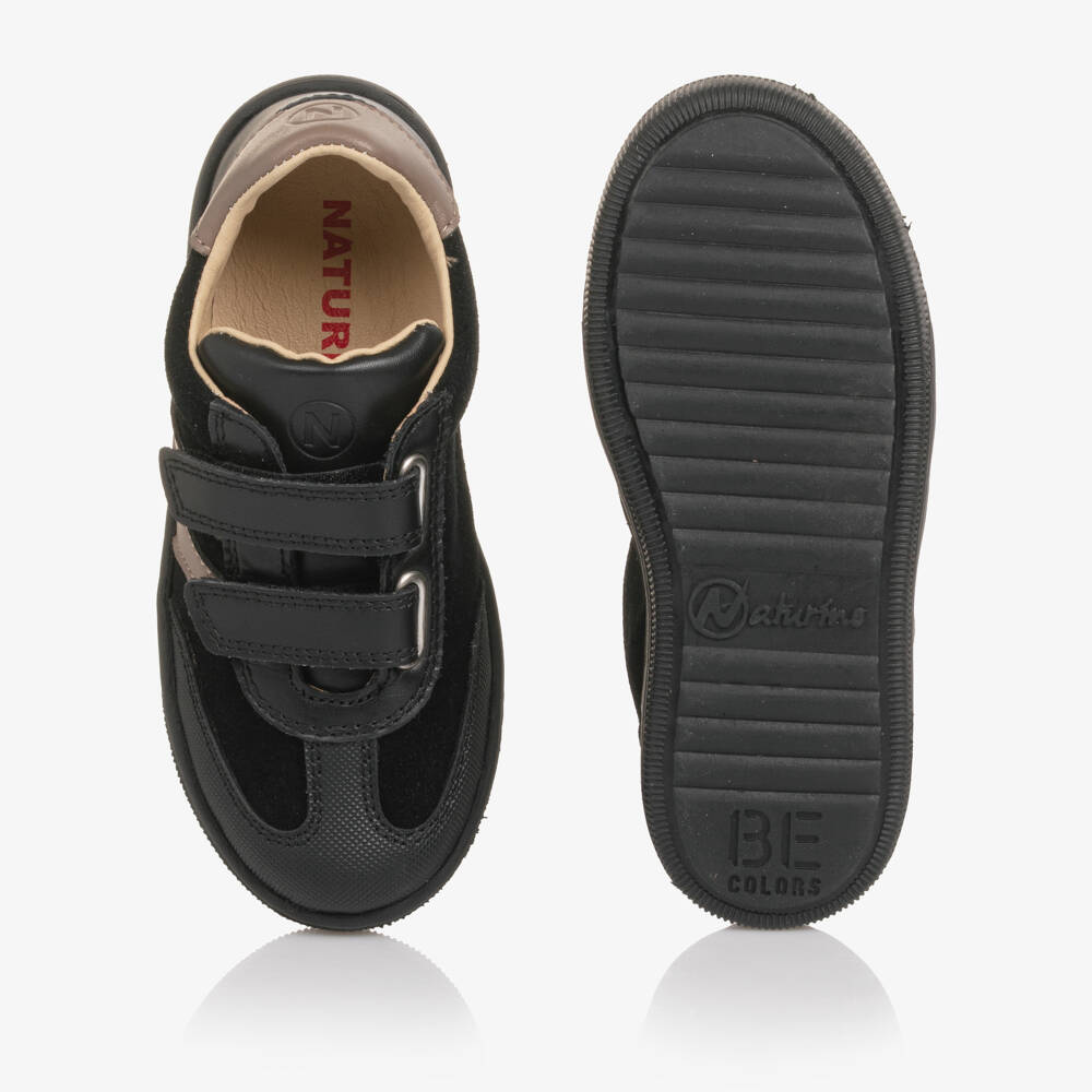 Naturino-Boys Black Suede Velcro Trainers with Brown Trim | Childrensalon Outlet