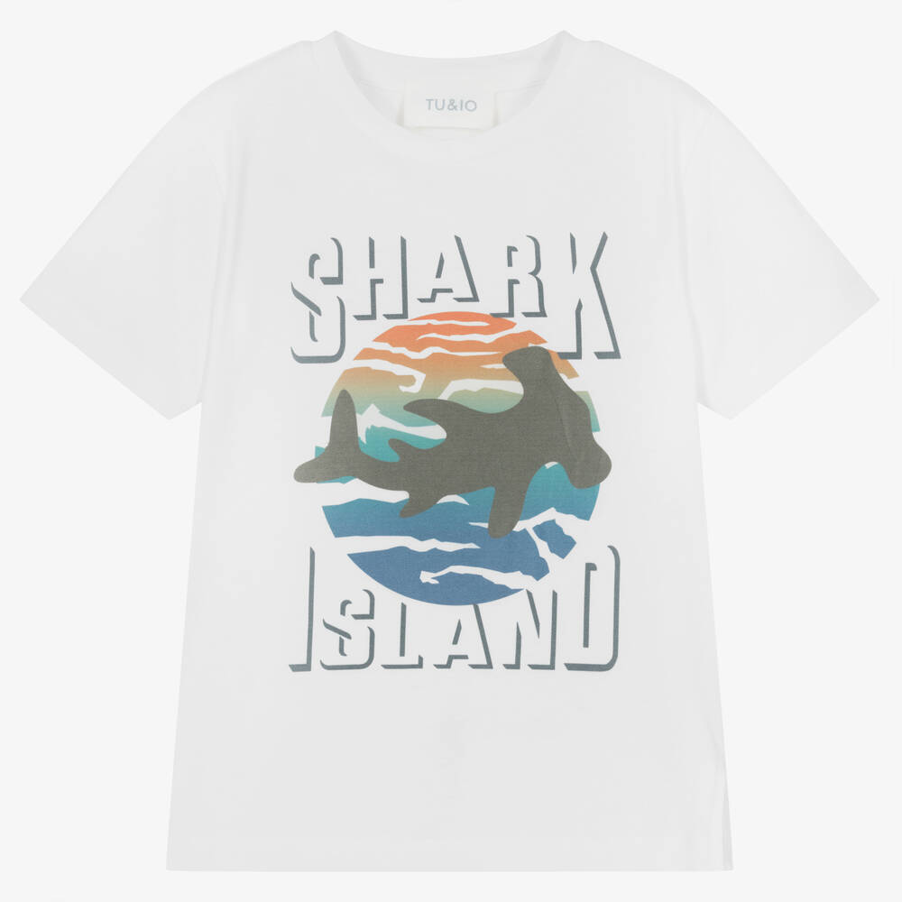 Tu & Io by Naturino - Boys White Cotton Shark Island T-Shirt | Childrensalon