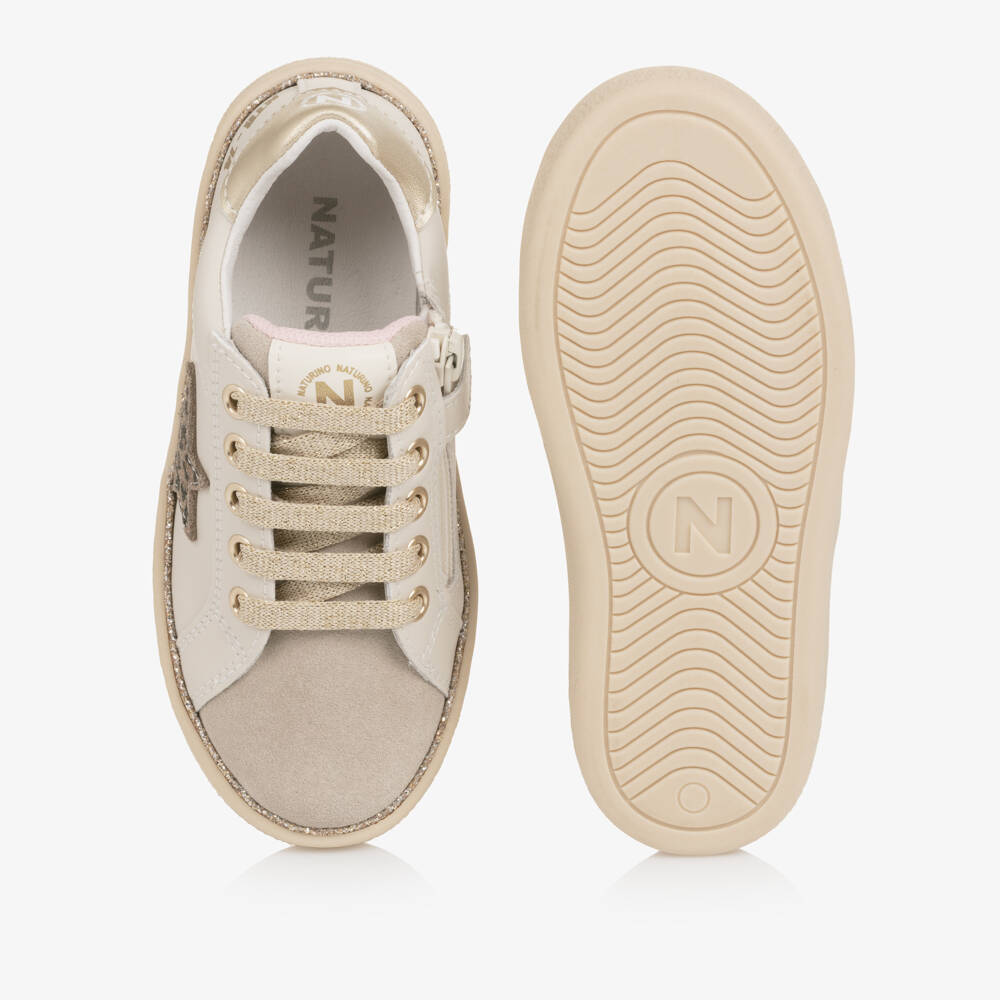 Naturino-Girls Beige Leather Leopard Star Trainers | Childrensalon Outlet