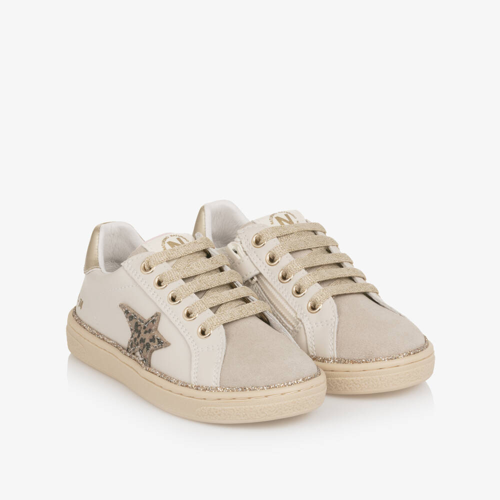 Naturino-Girls Beige Leather Leopard Star Trainers | Childrensalon Outlet