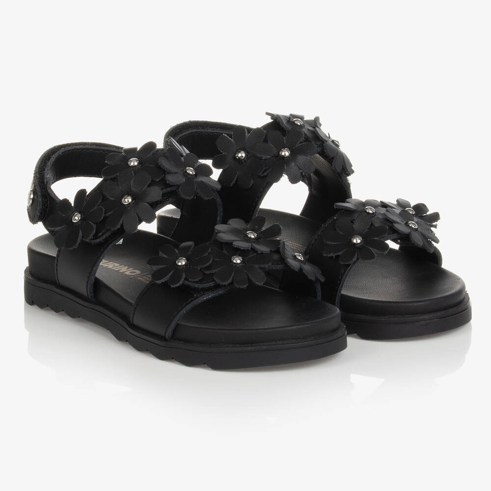 Naturino - Girls Black Leather Floral Sandals | Childrensalon