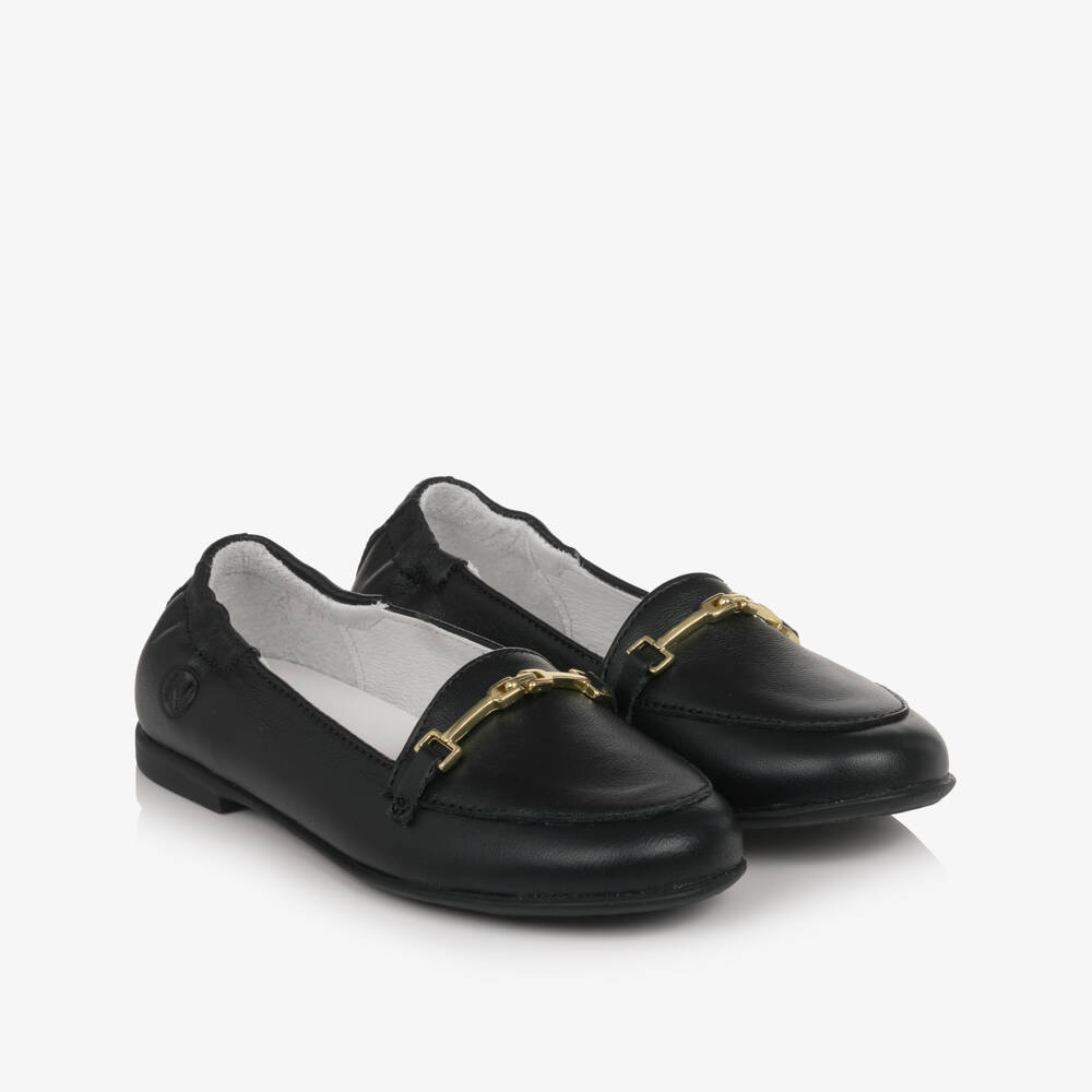 Naturino-Girls Black Leather Loafers with Horsebit Trim | Childrensalon Outlet