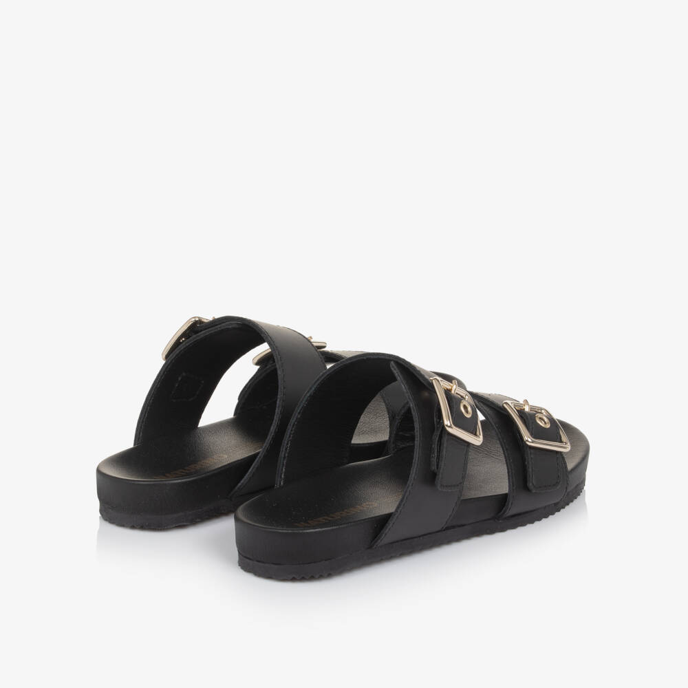 Naturino-Girls Black Leather Sliders with Gold Buckles | Childrensalon Outlet