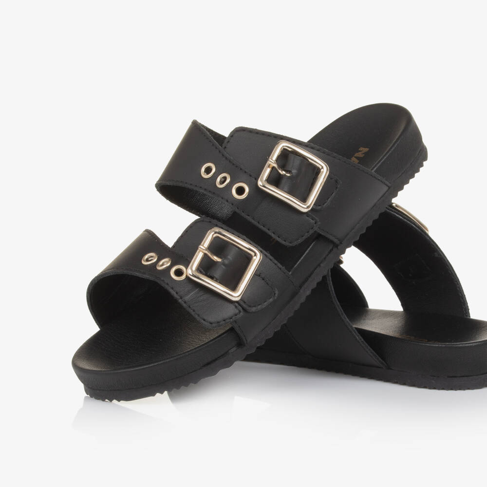 Naturino-Girls Black Leather Sliders with Gold Buckles | Childrensalon Outlet