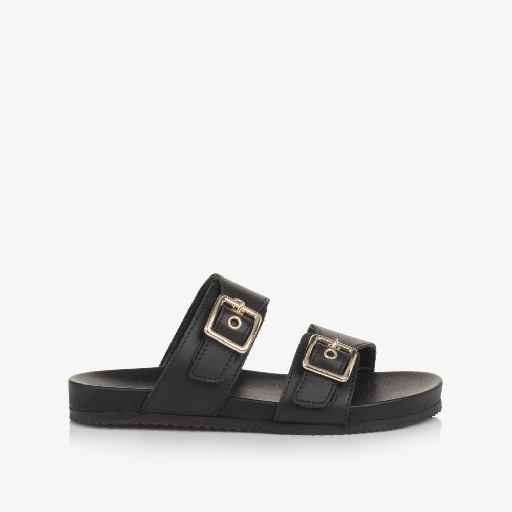 Naturino-Girls Black Leather Sliders with Gold Buckles | Childrensalon Outlet