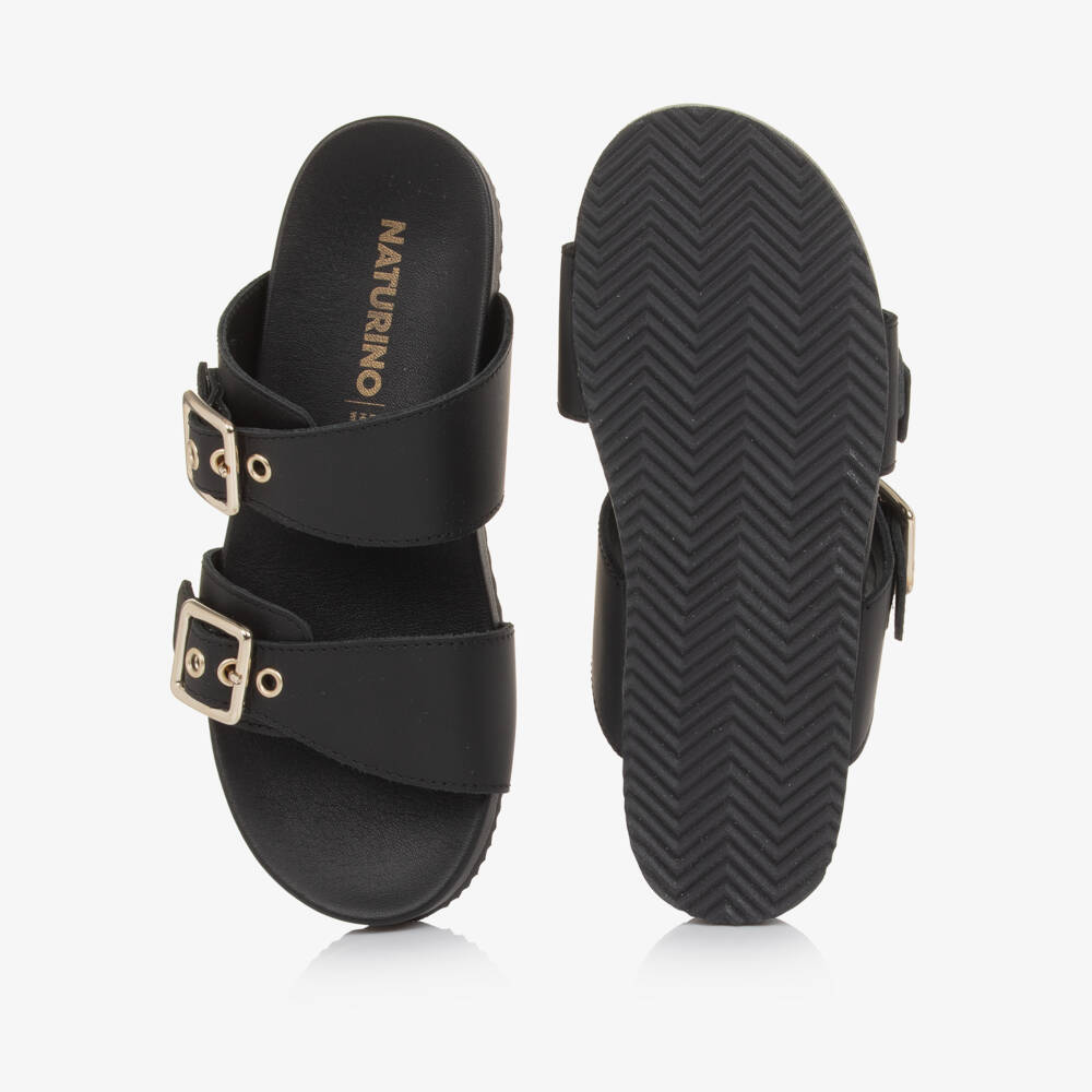 Naturino-Girls Black Leather Sliders with Gold Buckles | Childrensalon Outlet
