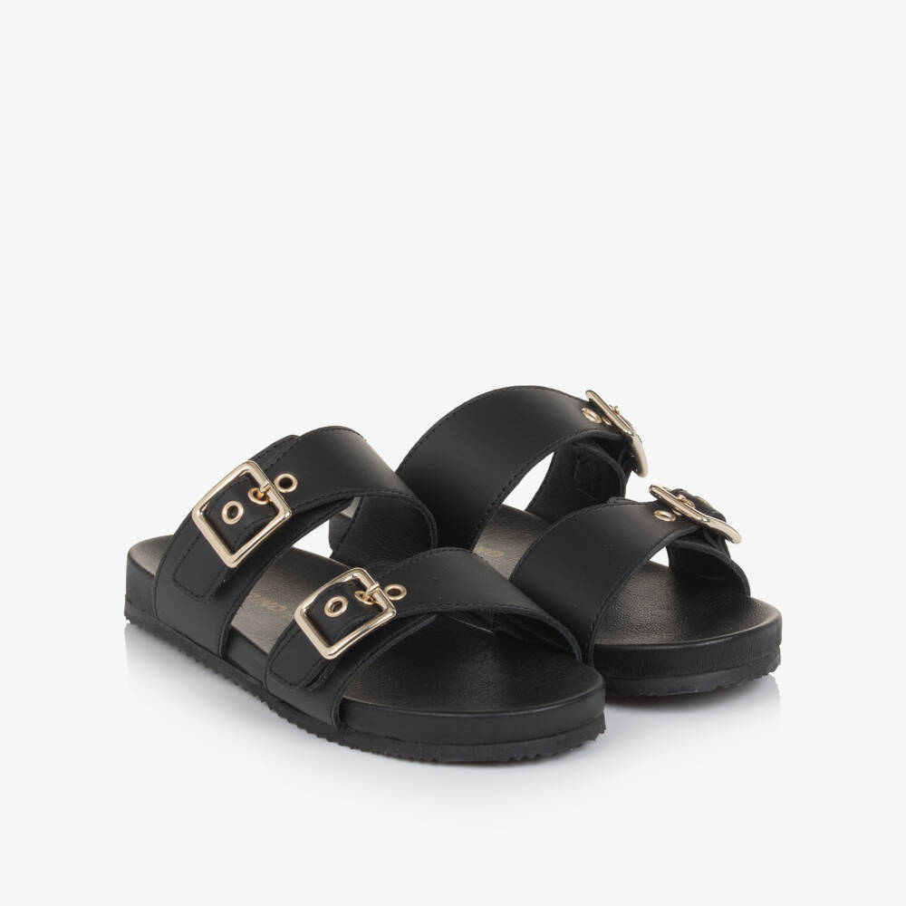 Naturino-Girls Black Leather Sliders with Gold Buckles | Childrensalon Outlet