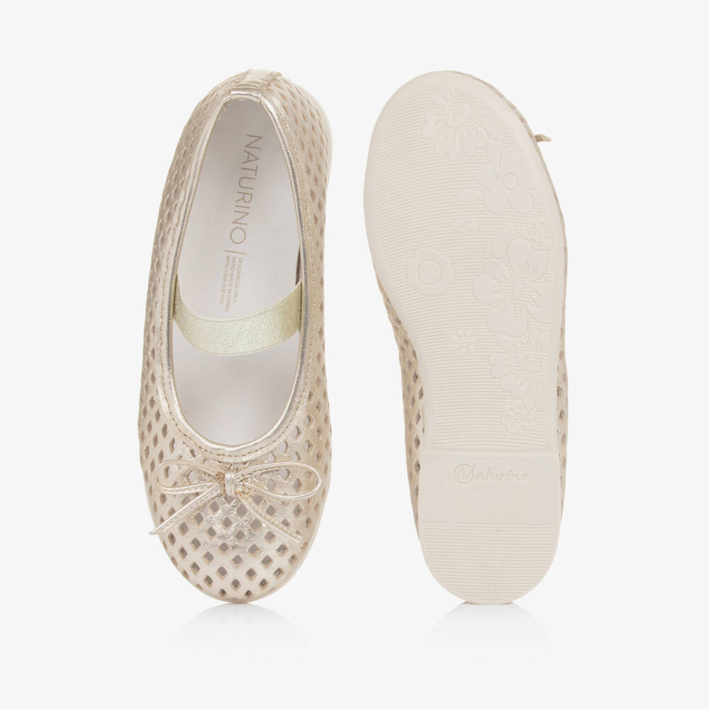 Naturino-Girls Gold Cut Out Leather Ballerina Pumps | Childrensalon Outlet