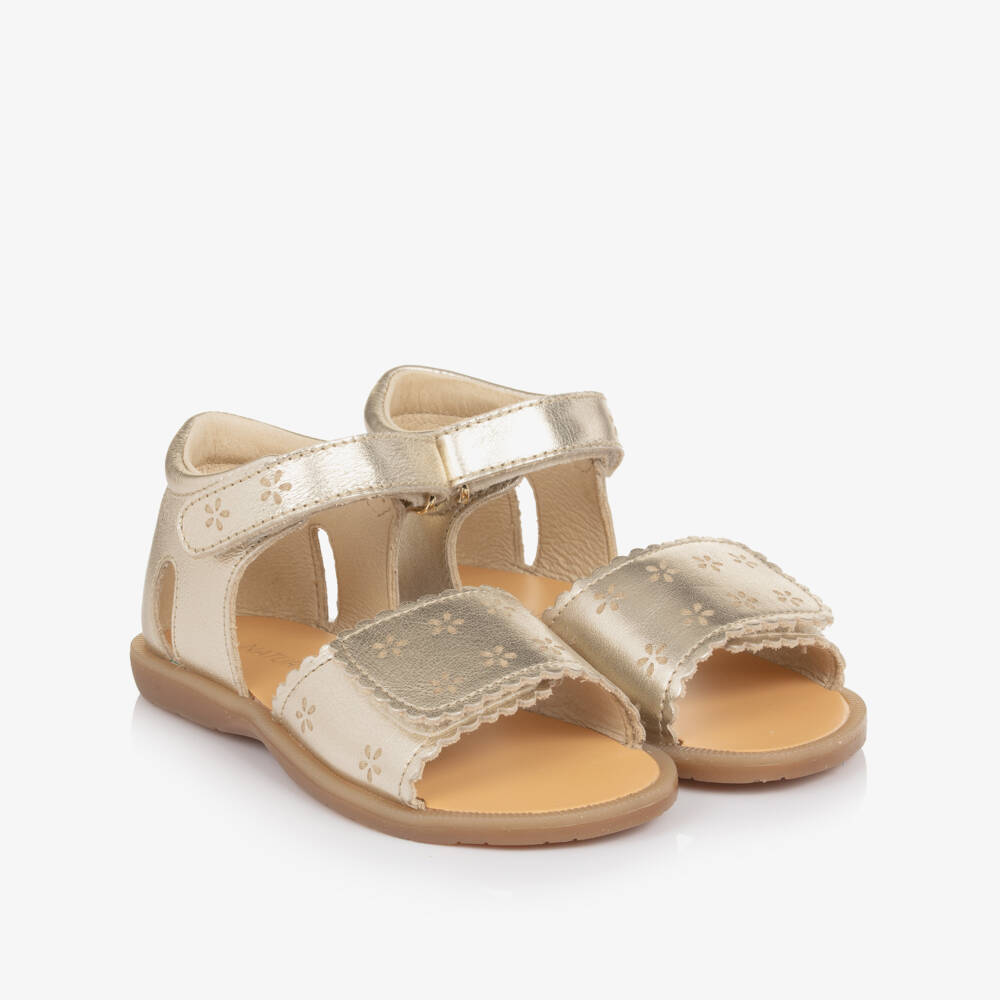 Naturino-Girls Gold Leather Sandals with Flower Motifs | Childrensalon Outlet