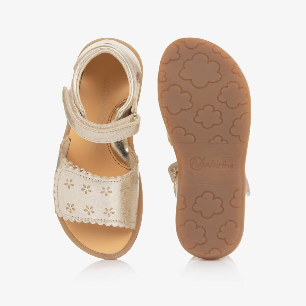 Naturino-Girls Gold Leather Sandals with Flower Motifs | Childrensalon Outlet