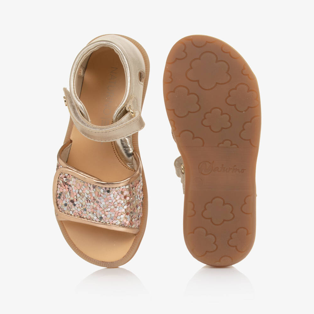 Naturino-Girls Gold Leather Sandals with Glitter Embellishment | Childrensalon Outlet