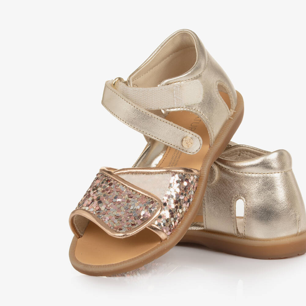 Naturino-Girls Gold Leather Sandals with Glitter Embellishment | Childrensalon Outlet