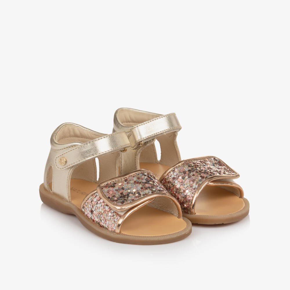 Naturino-Girls Gold Leather Sandals with Glitter Embellishment | Childrensalon Outlet