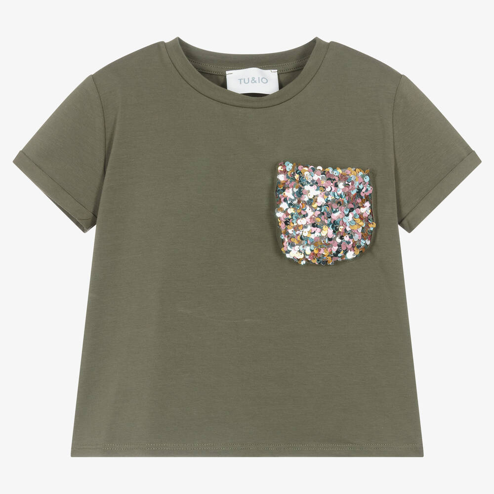 Tu & Io by Naturino - Girls Green Cotton Sequin Pocket T-Shirt | Childrensalon