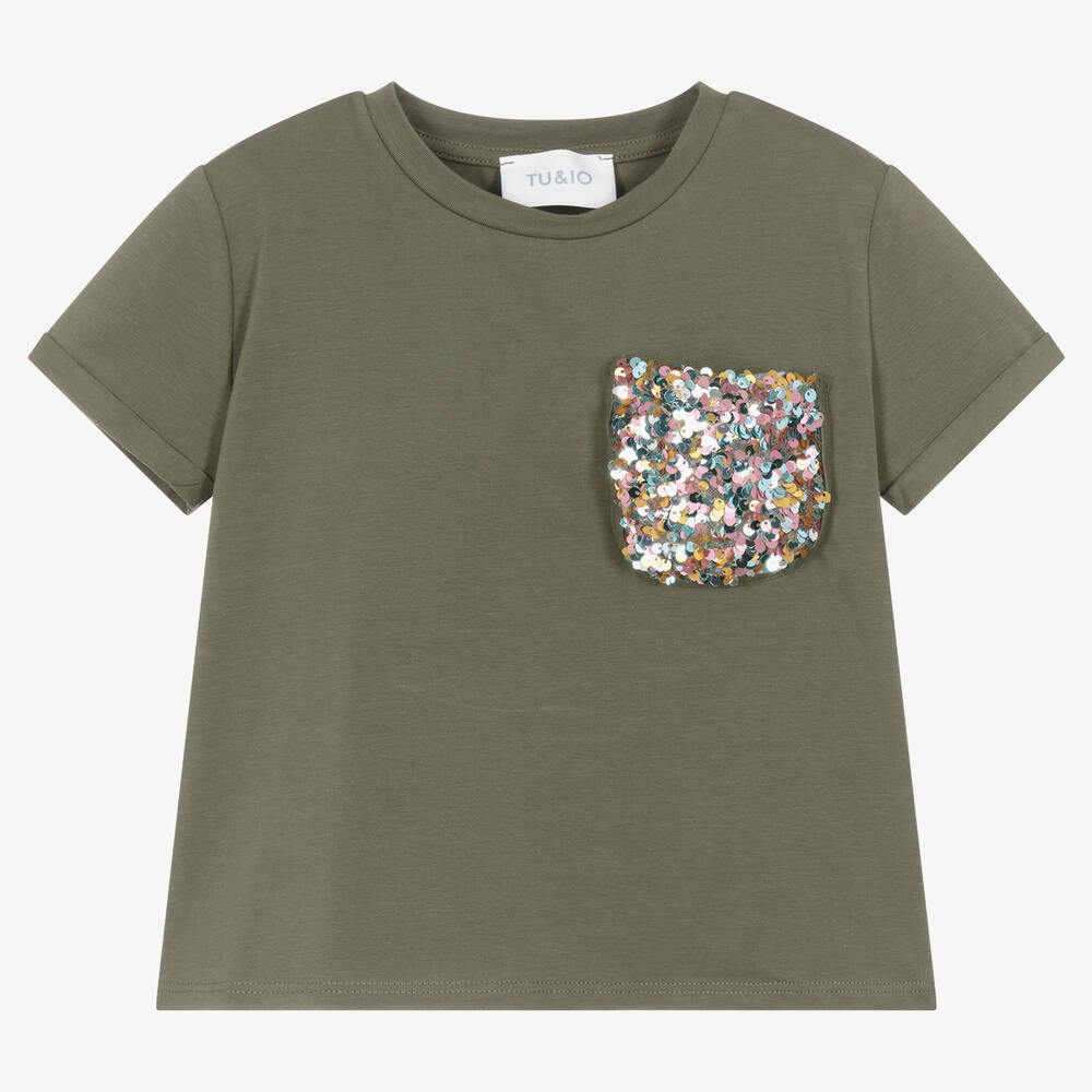 Girls Green Cotton Sequin Pocket T Shirt
