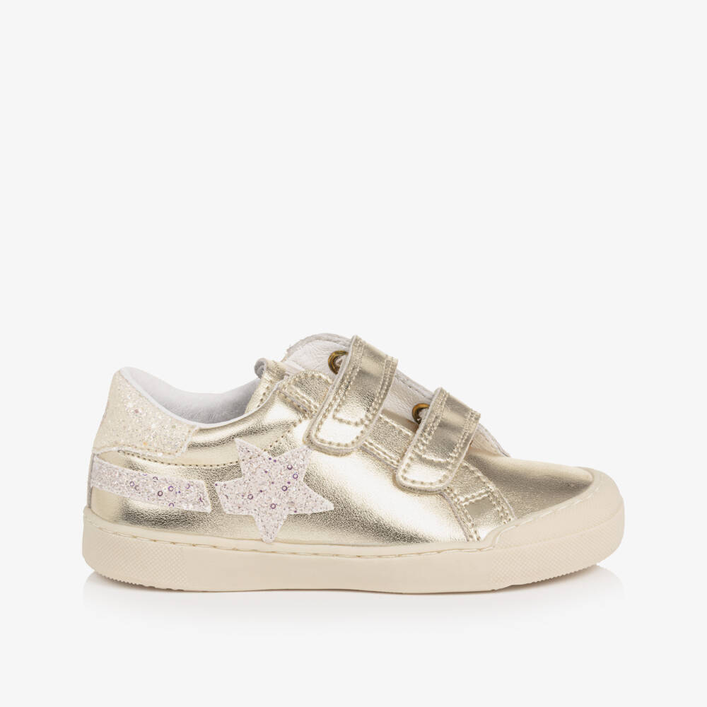Naturino-Girls Metallic Gold Leather Trainers with Glitter Trims | Childrensalon Outlet