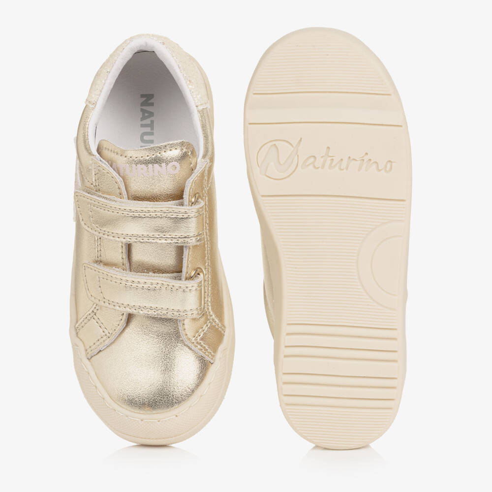 Naturino-Girls Metallic Gold Leather Trainers with Glitter Trims | Childrensalon Outlet