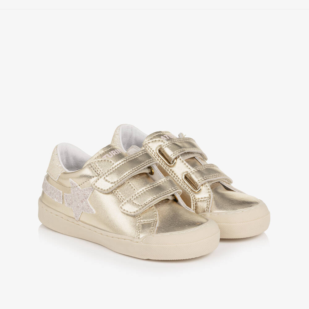 Naturino-Girls Metallic Gold Leather Trainers with Glitter Trims | Childrensalon Outlet