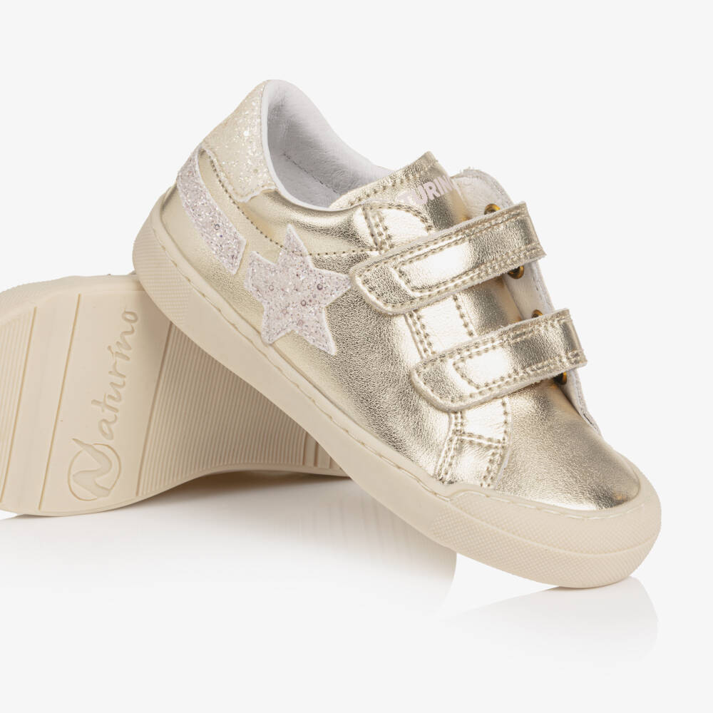 Naturino-Girls Metallic Gold Leather Trainers with Glitter Trims | Childrensalon Outlet