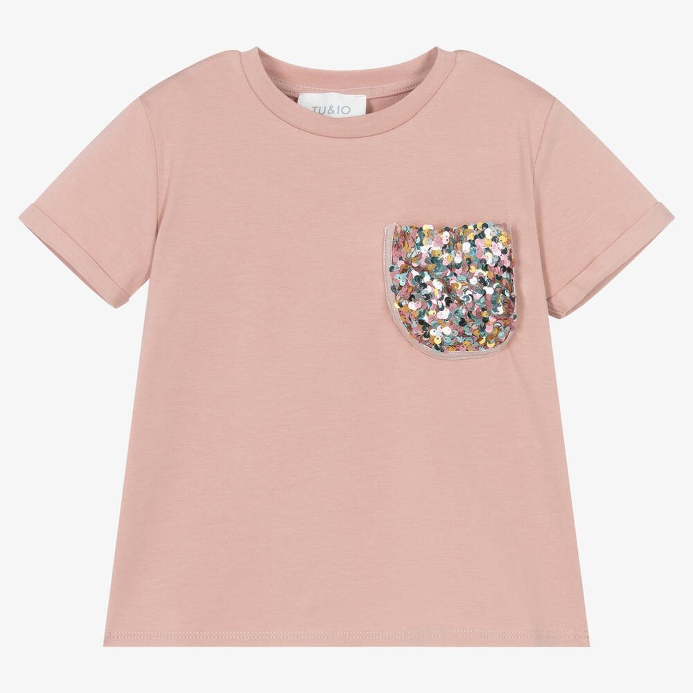 Tu & Io by Naturino - Girls Pink Cotton Sequin Pocket T-Shirt | Childrensalon
