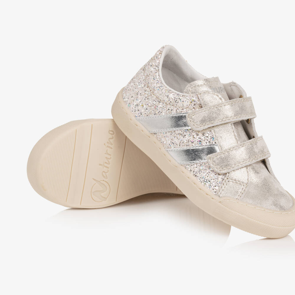 Naturino-Girls Silver Glitter Distressed Leather Trainers | Childrensalon Outlet