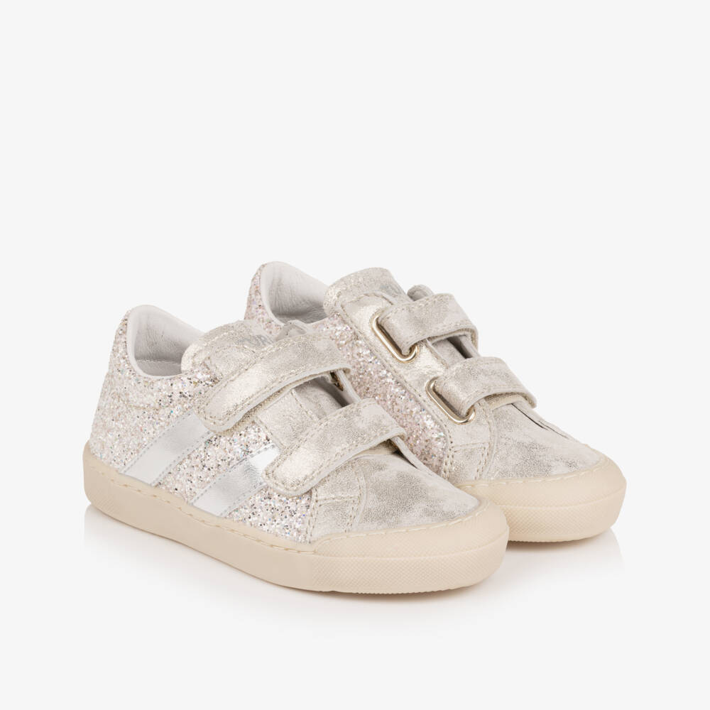 Naturino-Girls Silver Glitter Distressed Leather Trainers | Childrensalon Outlet