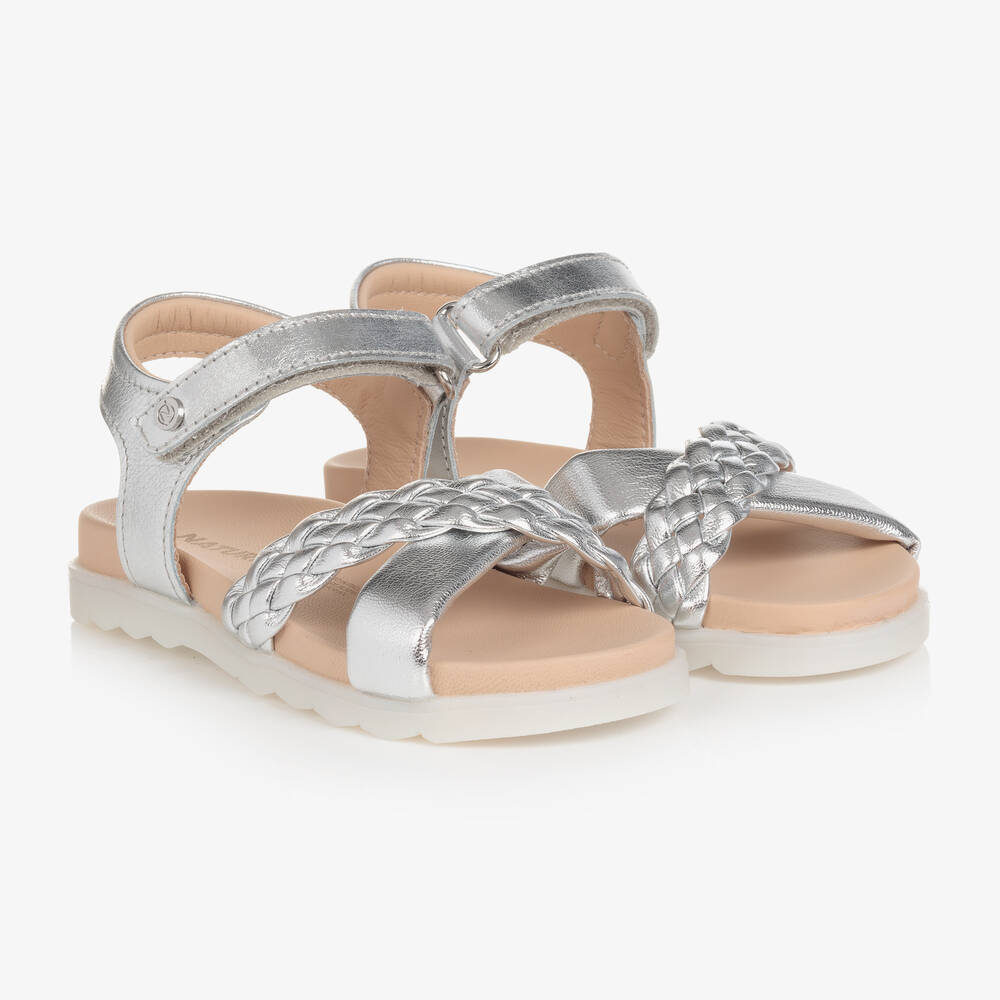 Naturino - Girls Silver Leather Plait Sandals | Childrensalon