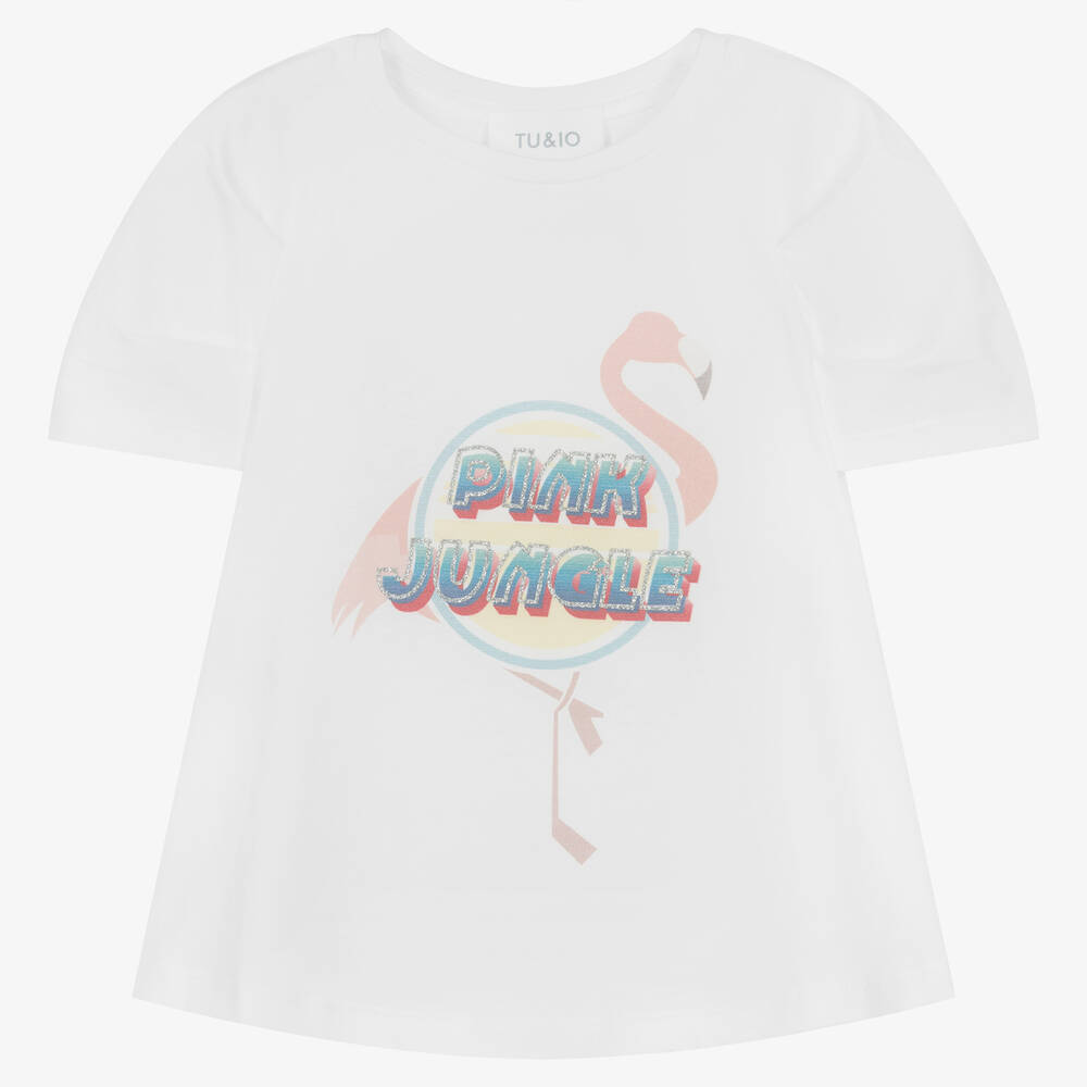 Tu & Io by Naturino - Girls White Cotton Flamingo T-Shirt | Childrensalon
