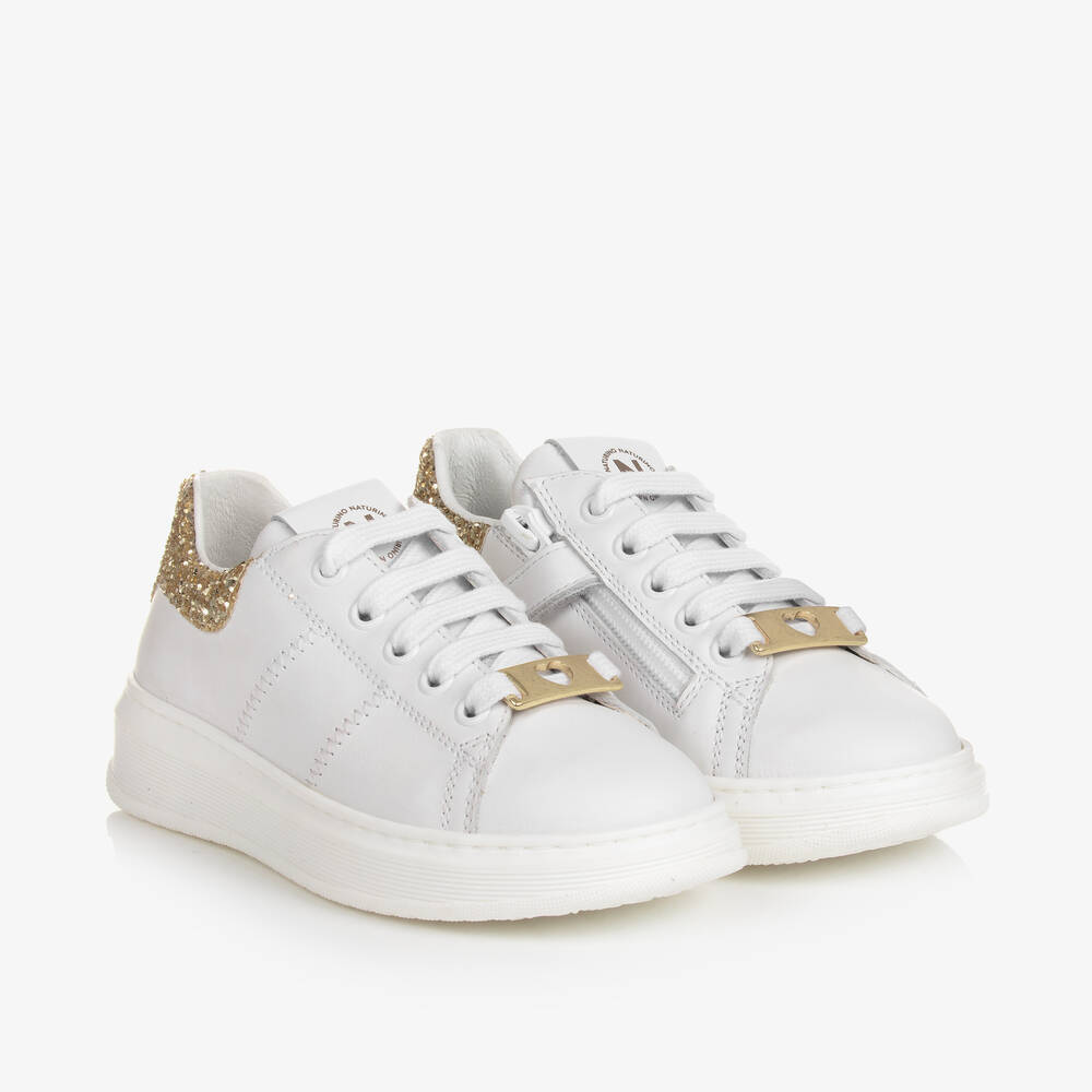 Naturino - Girls White & Gold Leather Trainers | Childrensalon