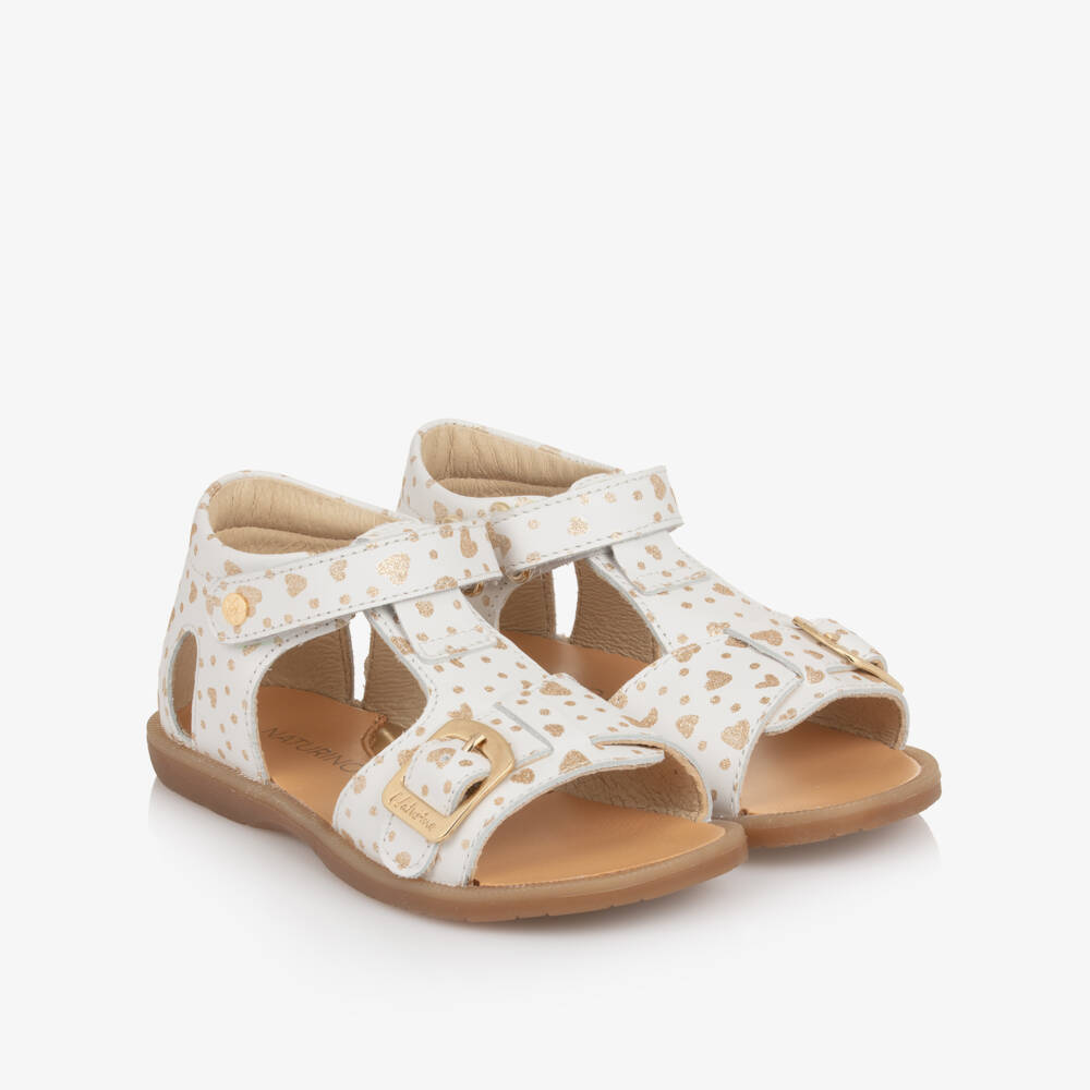 Naturino-Girls White Leather Sandals with Gold Hearts | Childrensalon Outlet