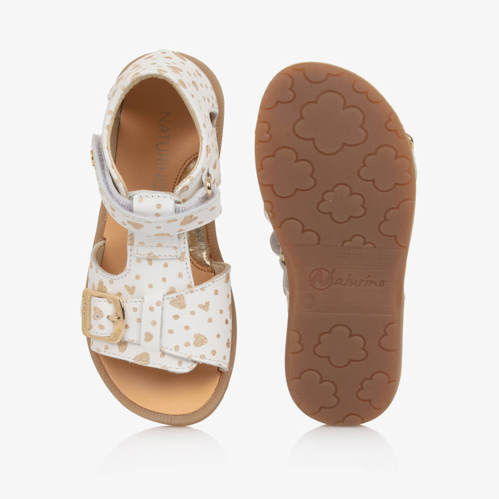Naturino-Girls White Leather Sandals with Gold Hearts | Childrensalon Outlet