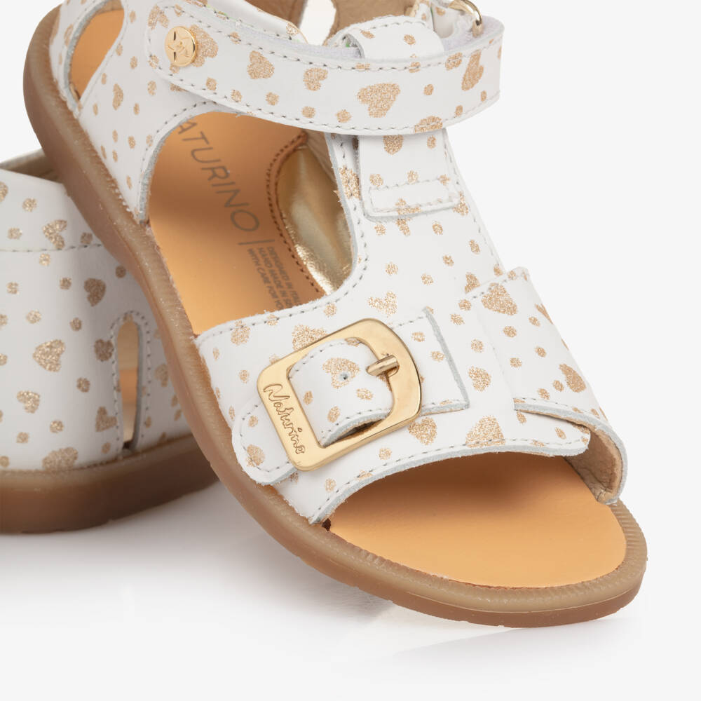 Naturino-Girls White Leather Sandals with Gold Hearts | Childrensalon Outlet
