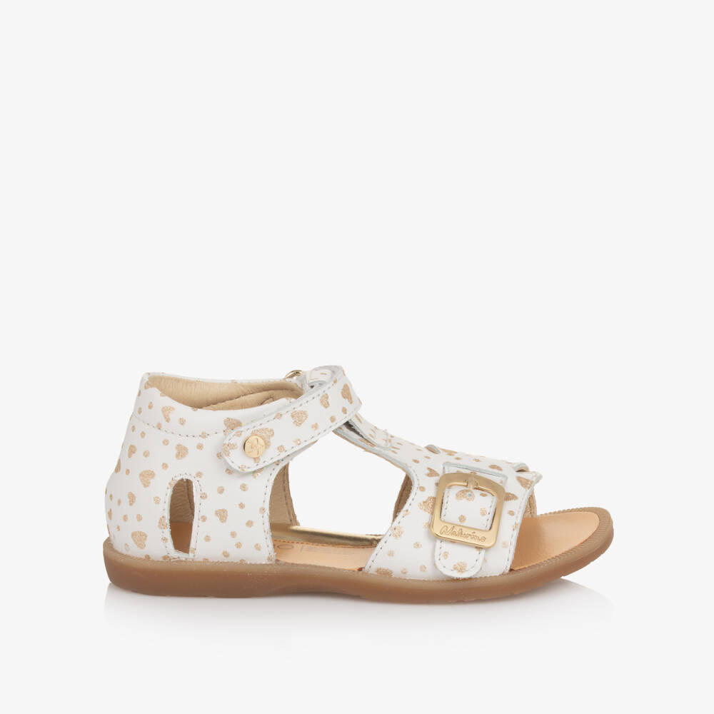 Naturino-Girls White Leather Sandals with Gold Hearts | Childrensalon Outlet