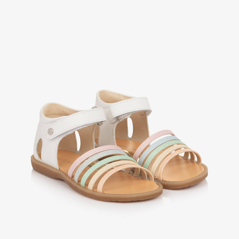 Naturino-Girls White Leather Sandals with Multicoloured Glitter Straps | Childrensalon Outlet