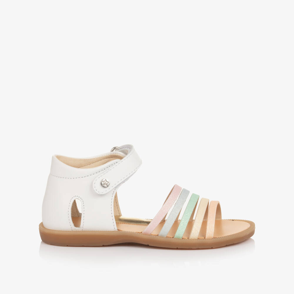 Naturino-Girls White Leather Sandals with Multicoloured Glitter Straps | Childrensalon Outlet