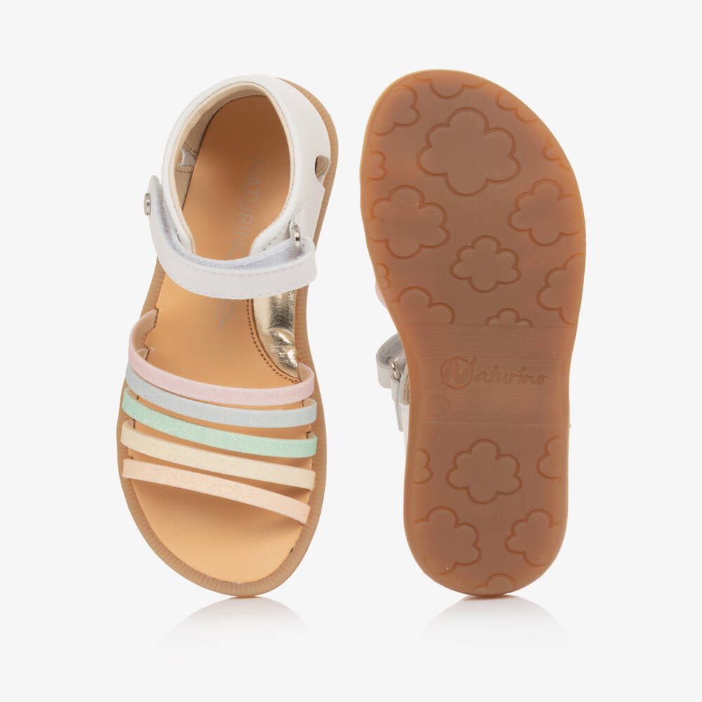 Naturino-Girls White Leather Sandals with Multicoloured Glitter Straps | Childrensalon Outlet