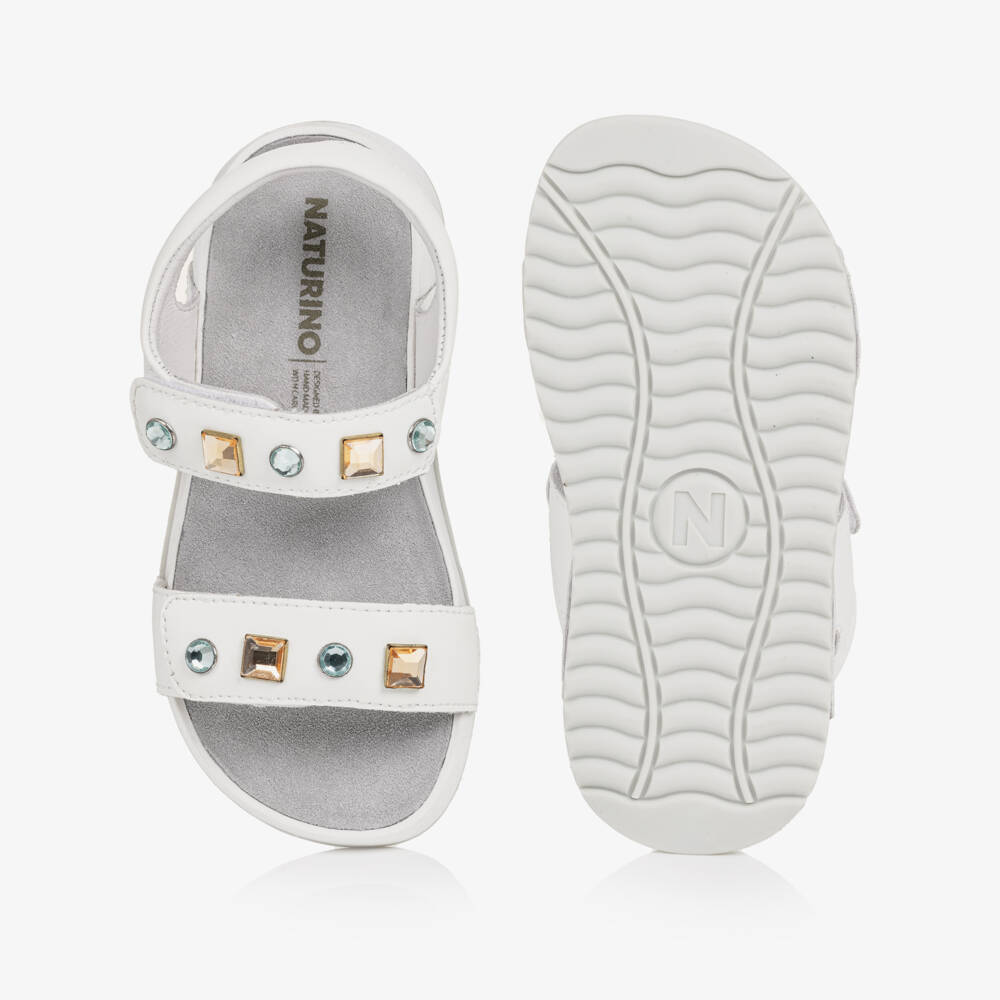 Naturino-Girls White Leather Sandals with Rhinestones | Childrensalon Outlet