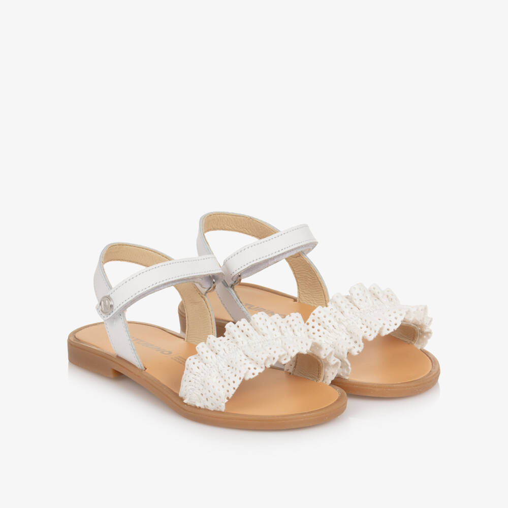 Naturino-Girls White Leather Sandals with Ruffle | Childrensalon Outlet