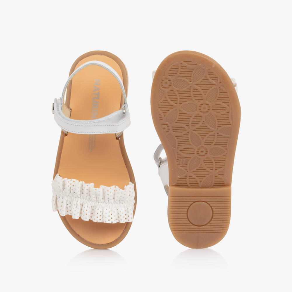 Naturino-Girls White Leather Sandals with Ruffle | Childrensalon Outlet