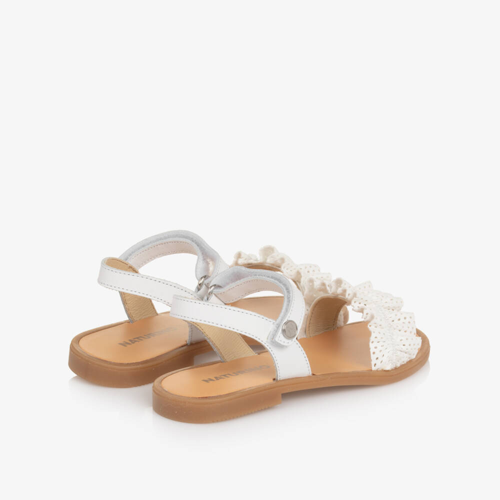 Naturino-Girls White Leather Sandals with Ruffle | Childrensalon Outlet