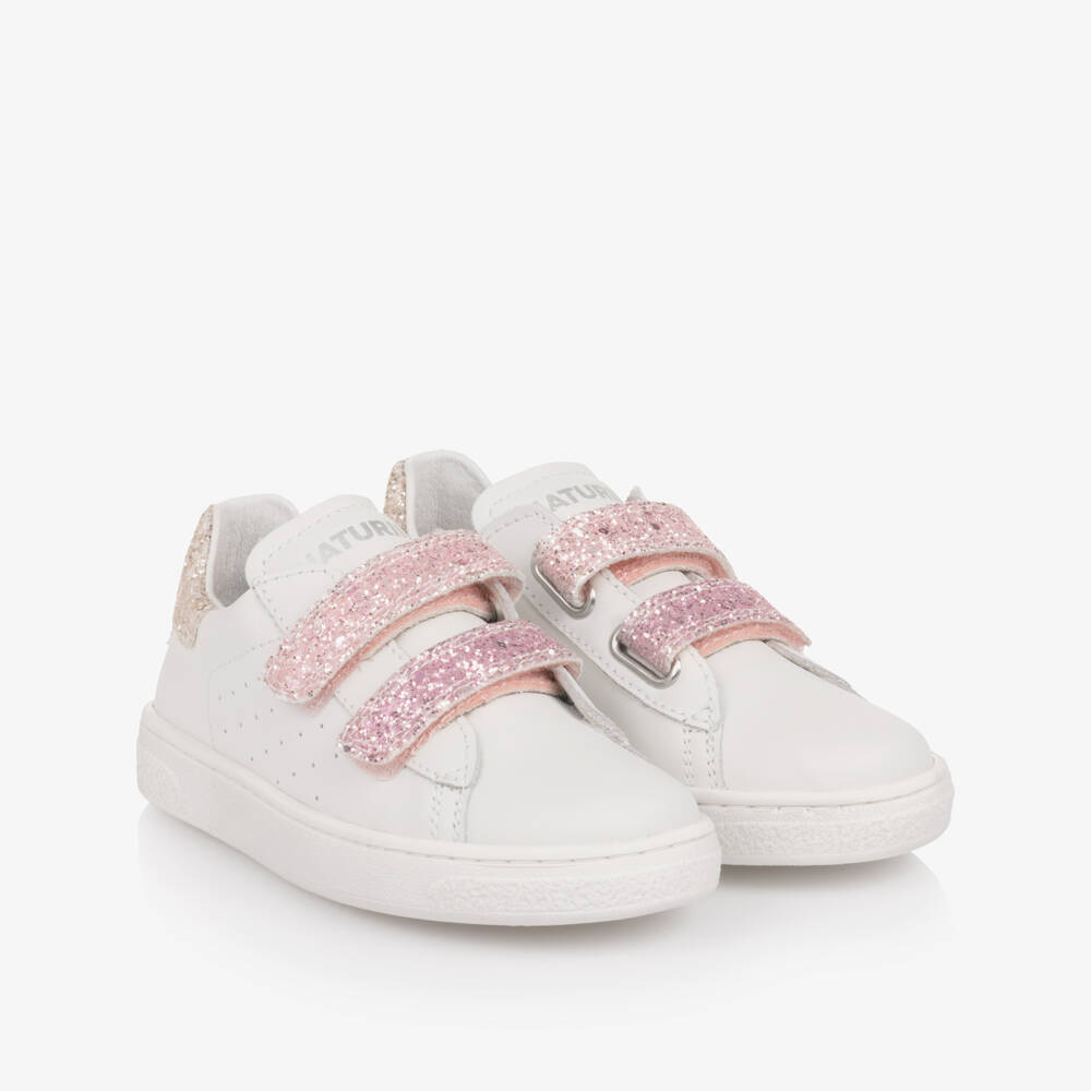Naturino-Girls White Leather Trainers with Pink Glitter Velcro Straps | Childrensalon Outlet