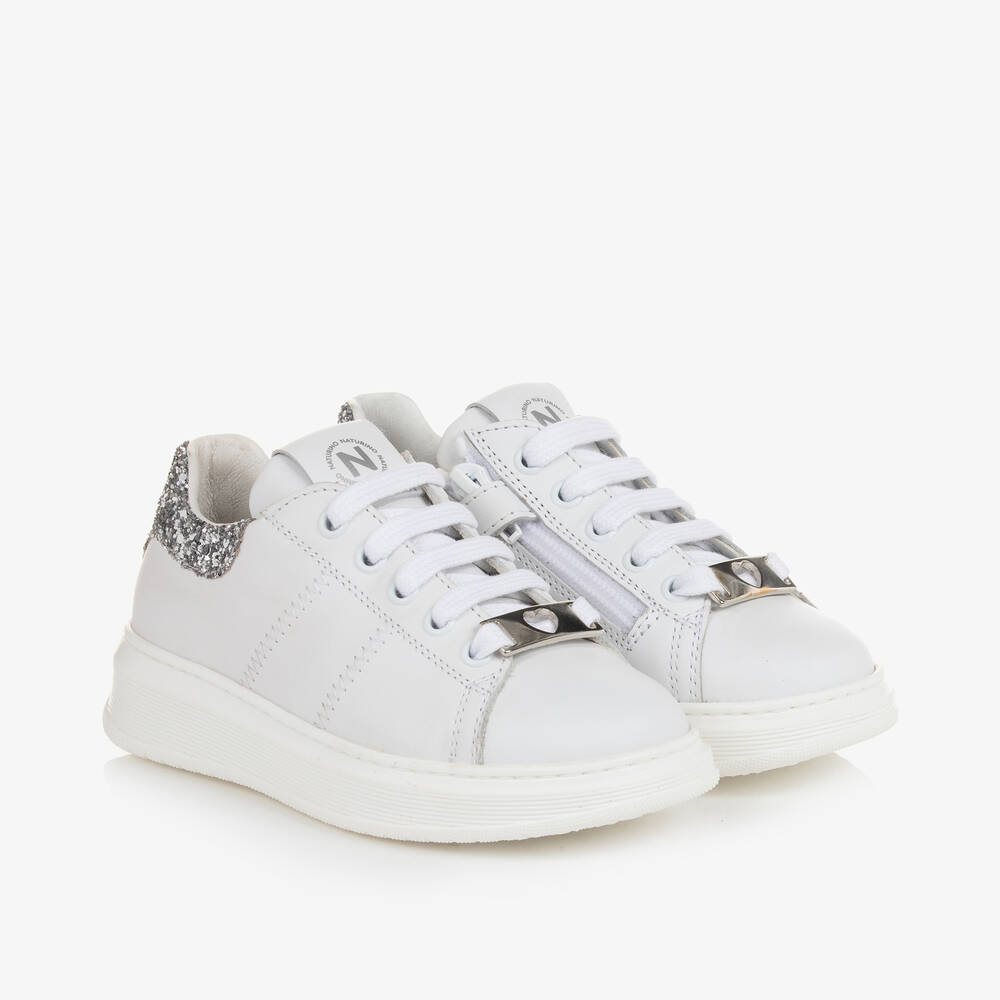 Naturino - Girls White & Silver Leather Trainers | Childrensalon