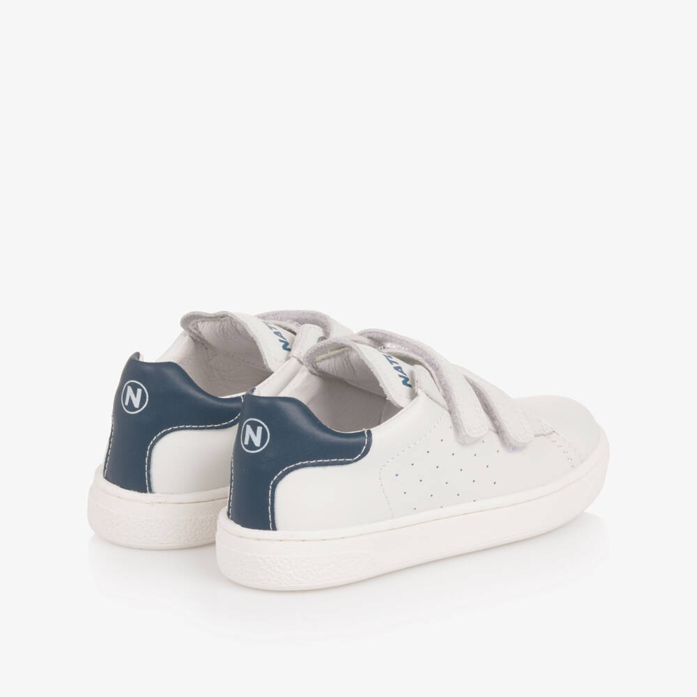 Naturino-White Leather Velcro Trainers with Blue Trim | Childrensalon Outlet
