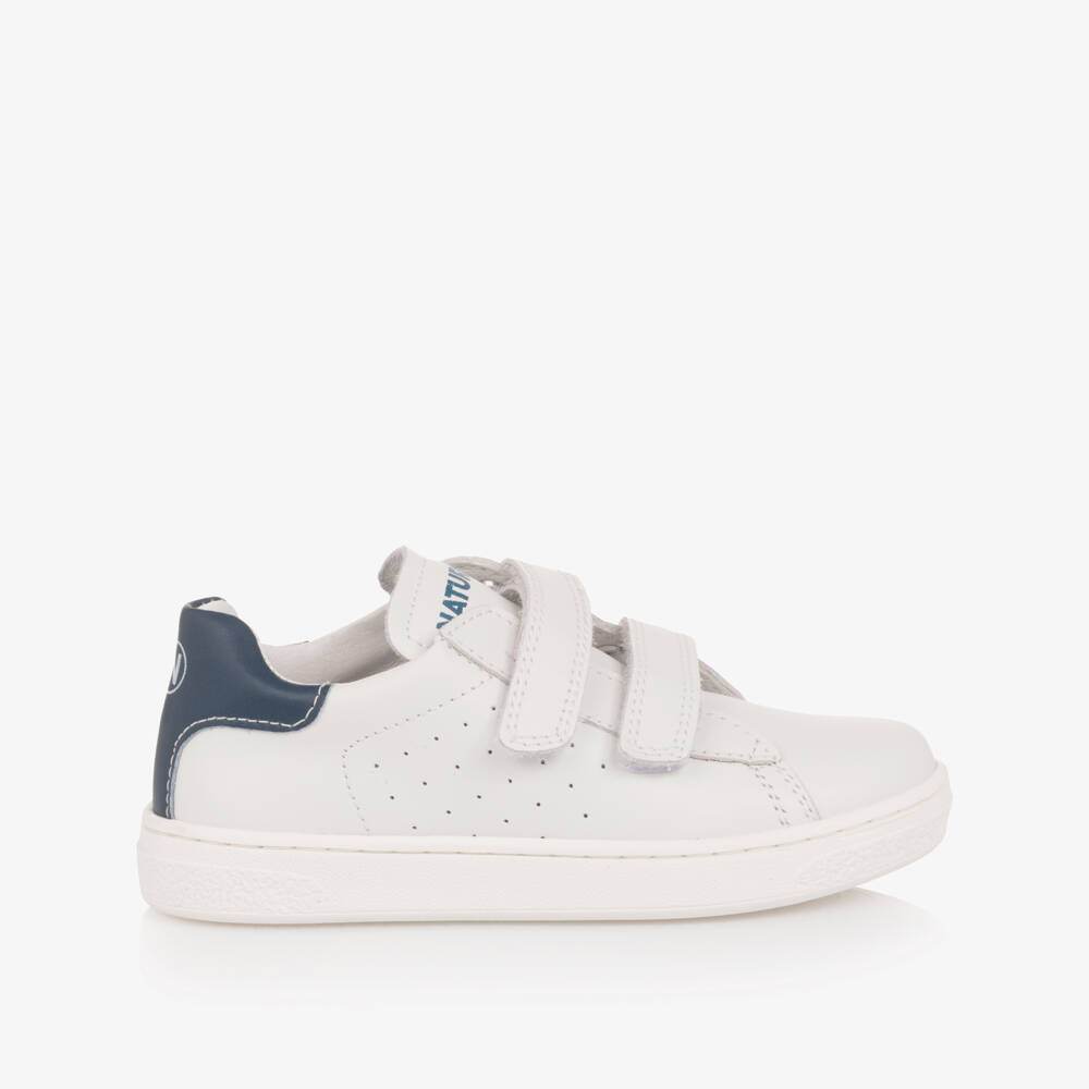 Naturino-White Leather Velcro Trainers with Blue Trim | Childrensalon Outlet