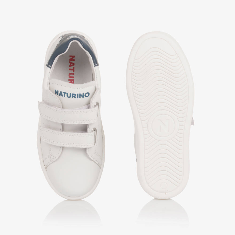 Naturino-White Leather Velcro Trainers with Blue Trim | Childrensalon Outlet