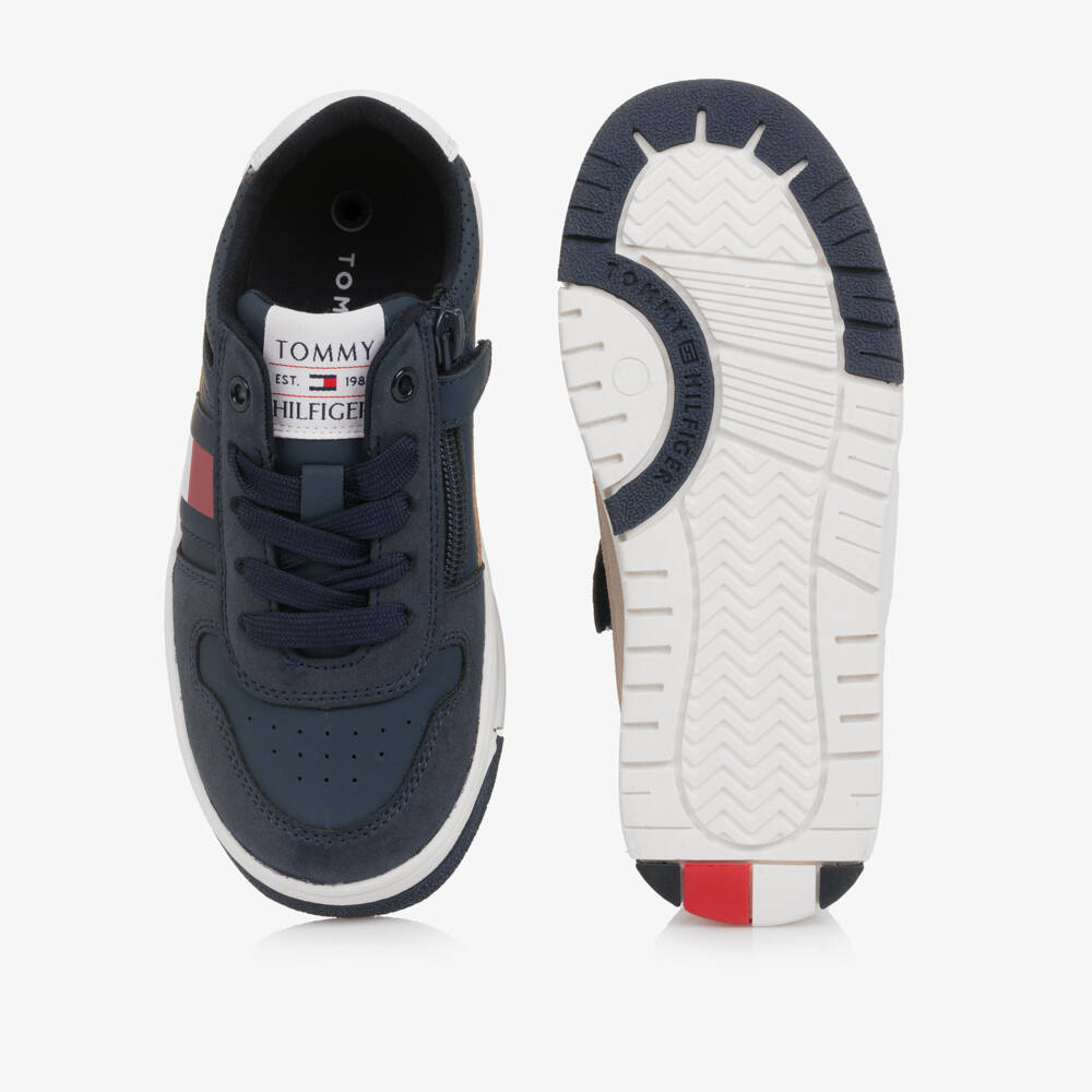 Tommy Hilfiger-Navy Blue & Beige Faux Leather & Suede Trainers | Childrensalon Outlet