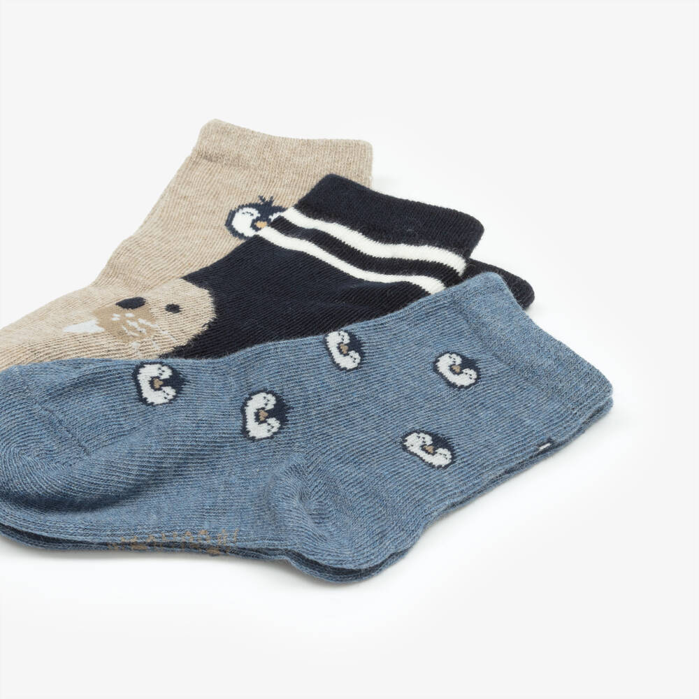 Mayoral-Navy Blue & Beige Penguin & Seal Socks (3 Pack) | Childrensalon Outlet
