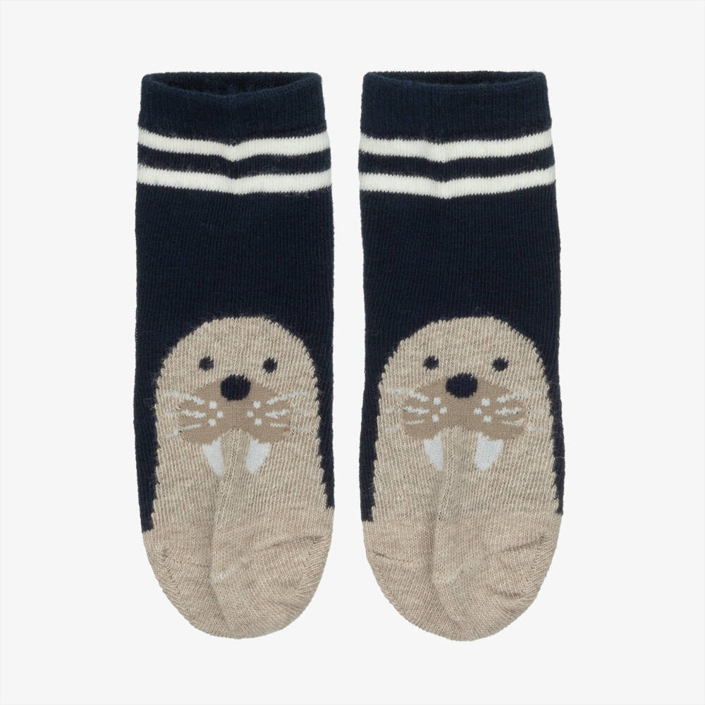 Mayoral-Navy Blue & Beige Penguin & Seal Socks (3 Pack) | Childrensalon Outlet