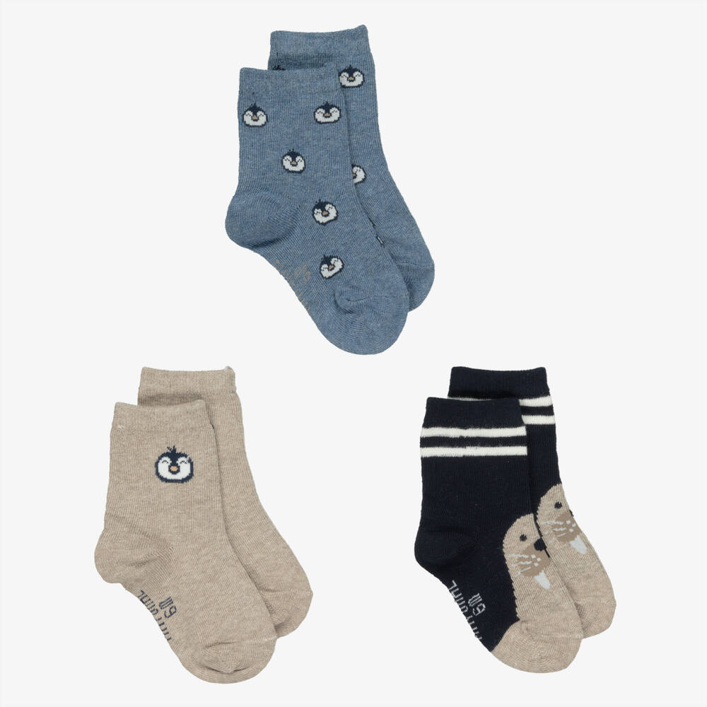 Mayoral-Navy Blue & Beige Penguin & Seal Socks (3 Pack) | Childrensalon Outlet